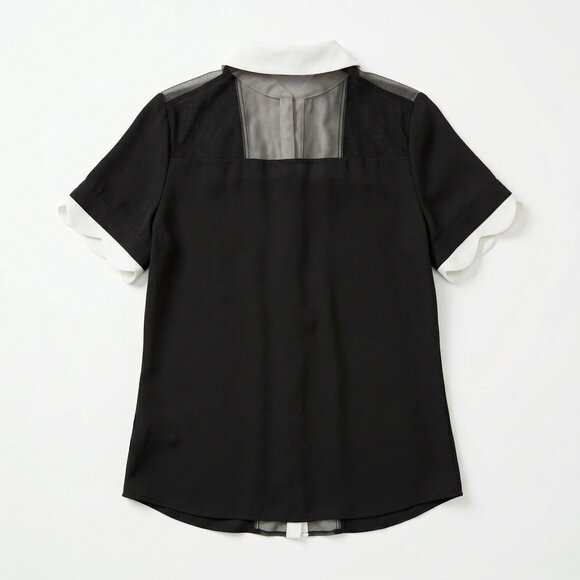 Anne Fontaine Black White Scalloped Mesh Sheer Center Blouse 38 US 6 - Picture 3 of 7